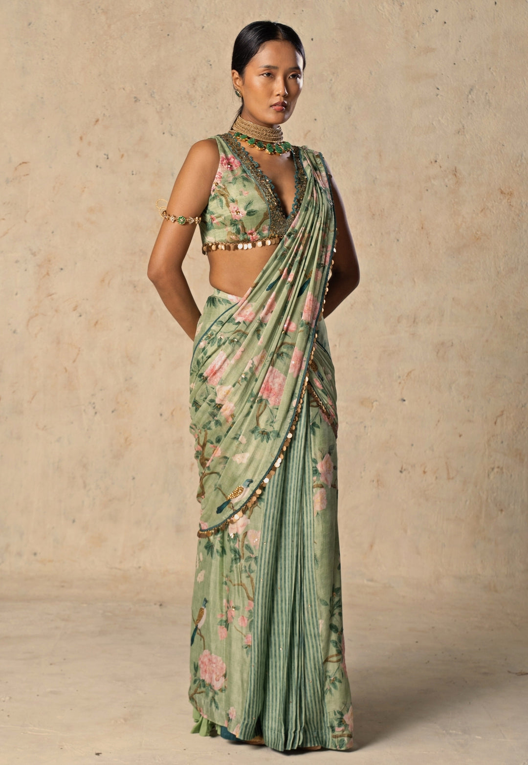 Green Printed Chiffon Pre-Draped Saree