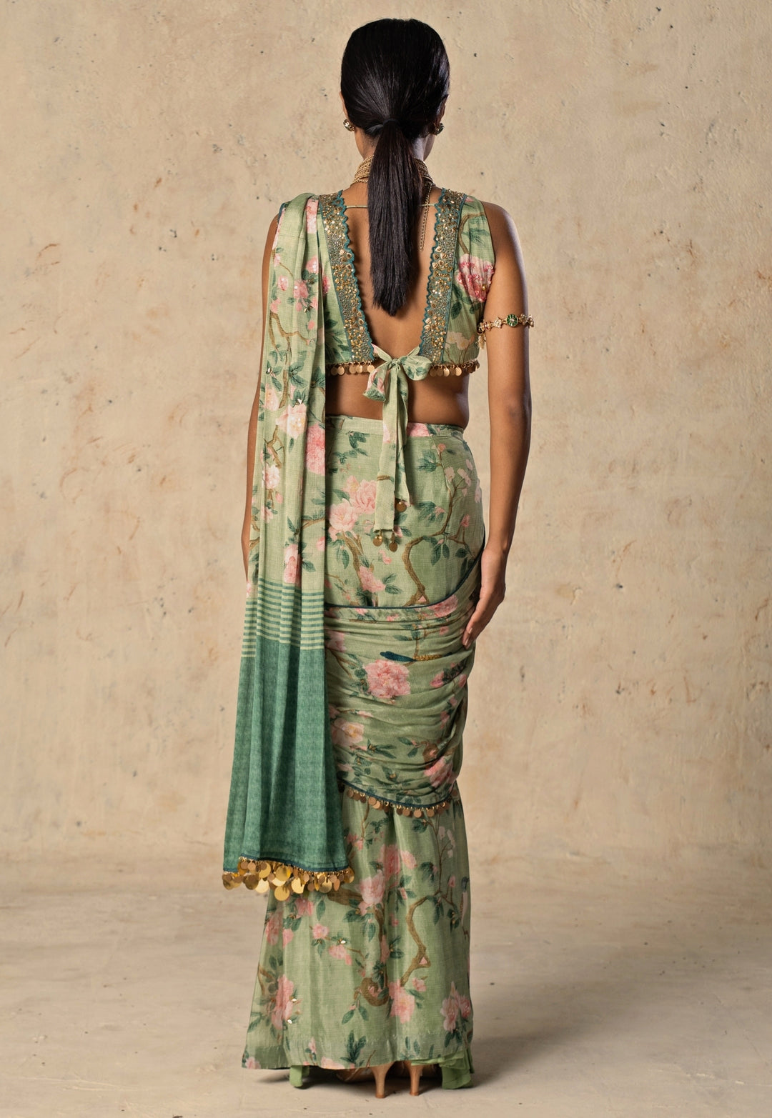 Green Printed Chiffon Pre-Draped Saree