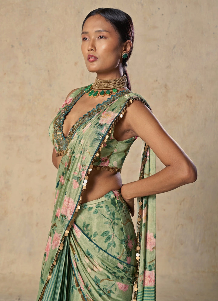 Green Printed Chiffon Pre-Draped Saree