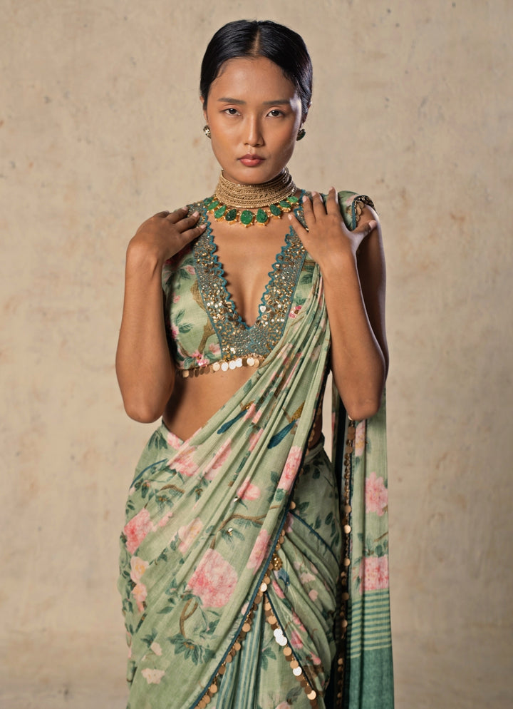 Green Printed Chiffon Pre-Draped Saree