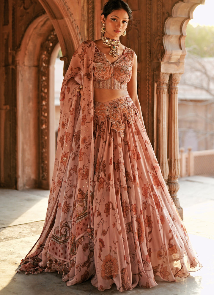 Soft Pink Printed Organza Embroidered Lehenga Set
