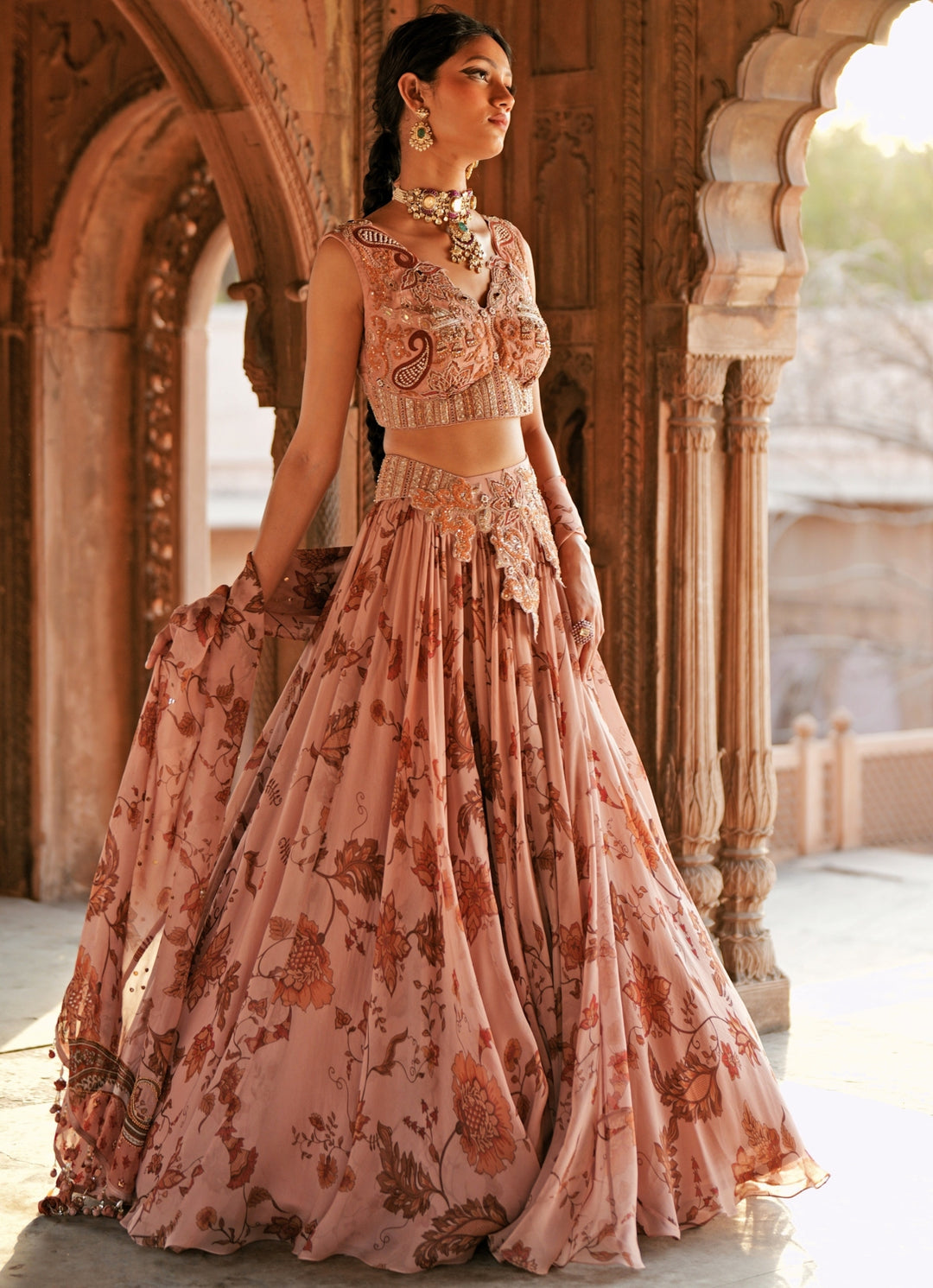 Soft Pink Printed Organza Embroidered Lehenga Set