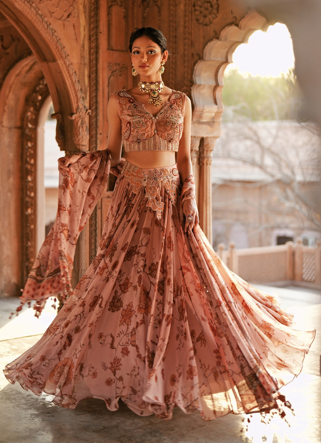Soft Pink Printed Organza Embroidered Lehenga Set
