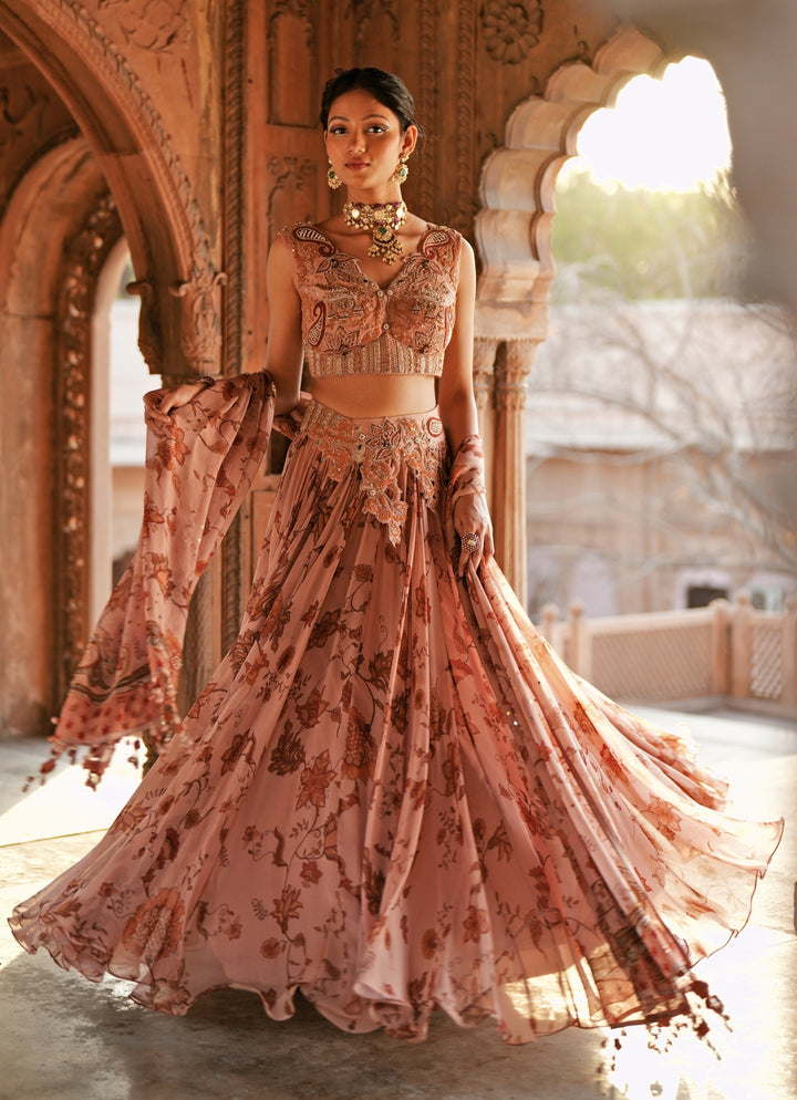 Soft Pink Printed Organza Embroidered Lehenga Set