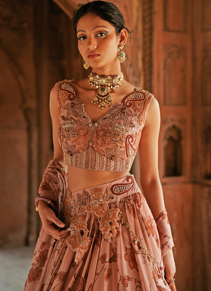 Soft Pink Printed Organza Embroidered Lehenga Set