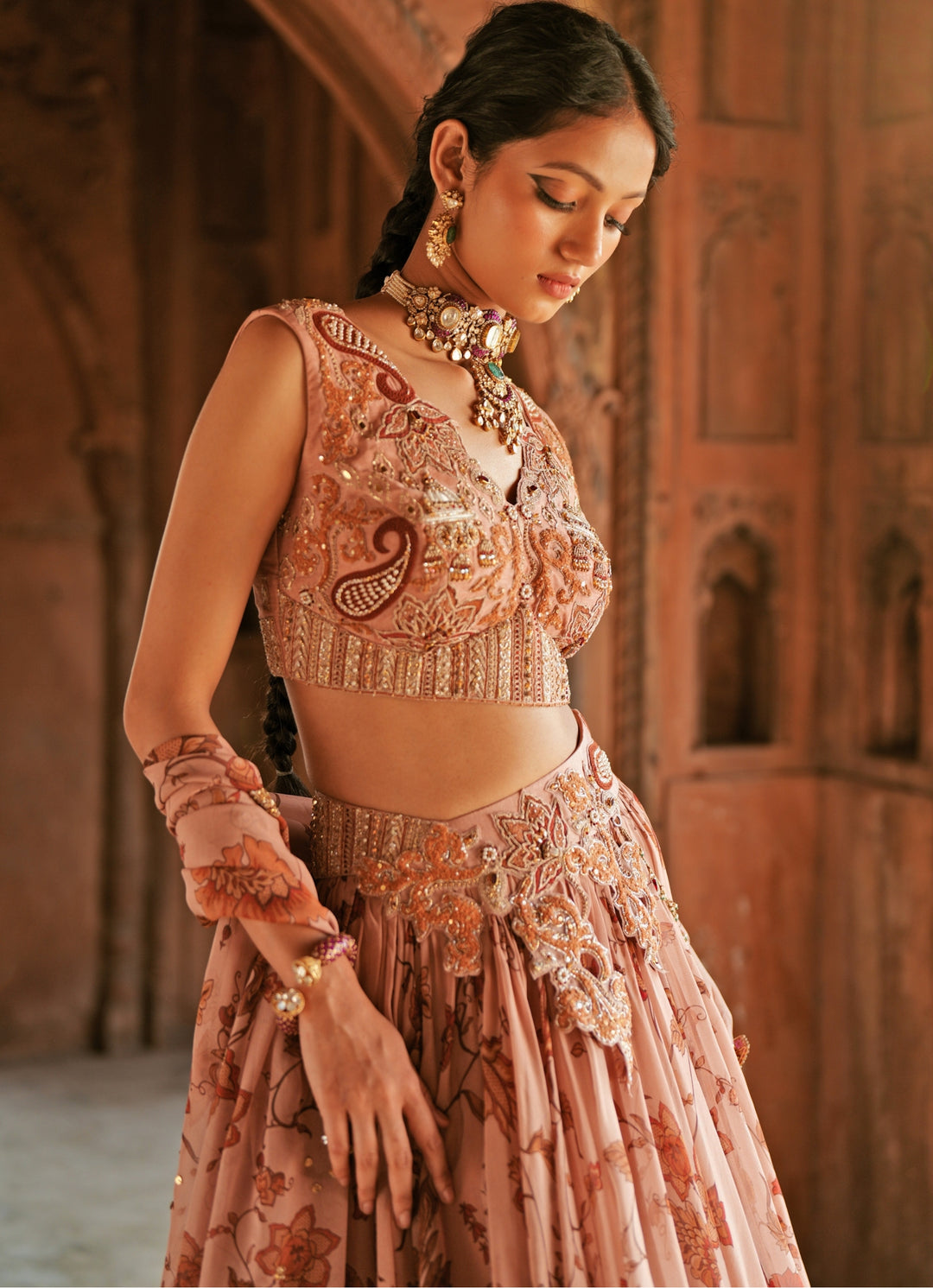 Soft Pink Printed Organza Embroidered Lehenga Set