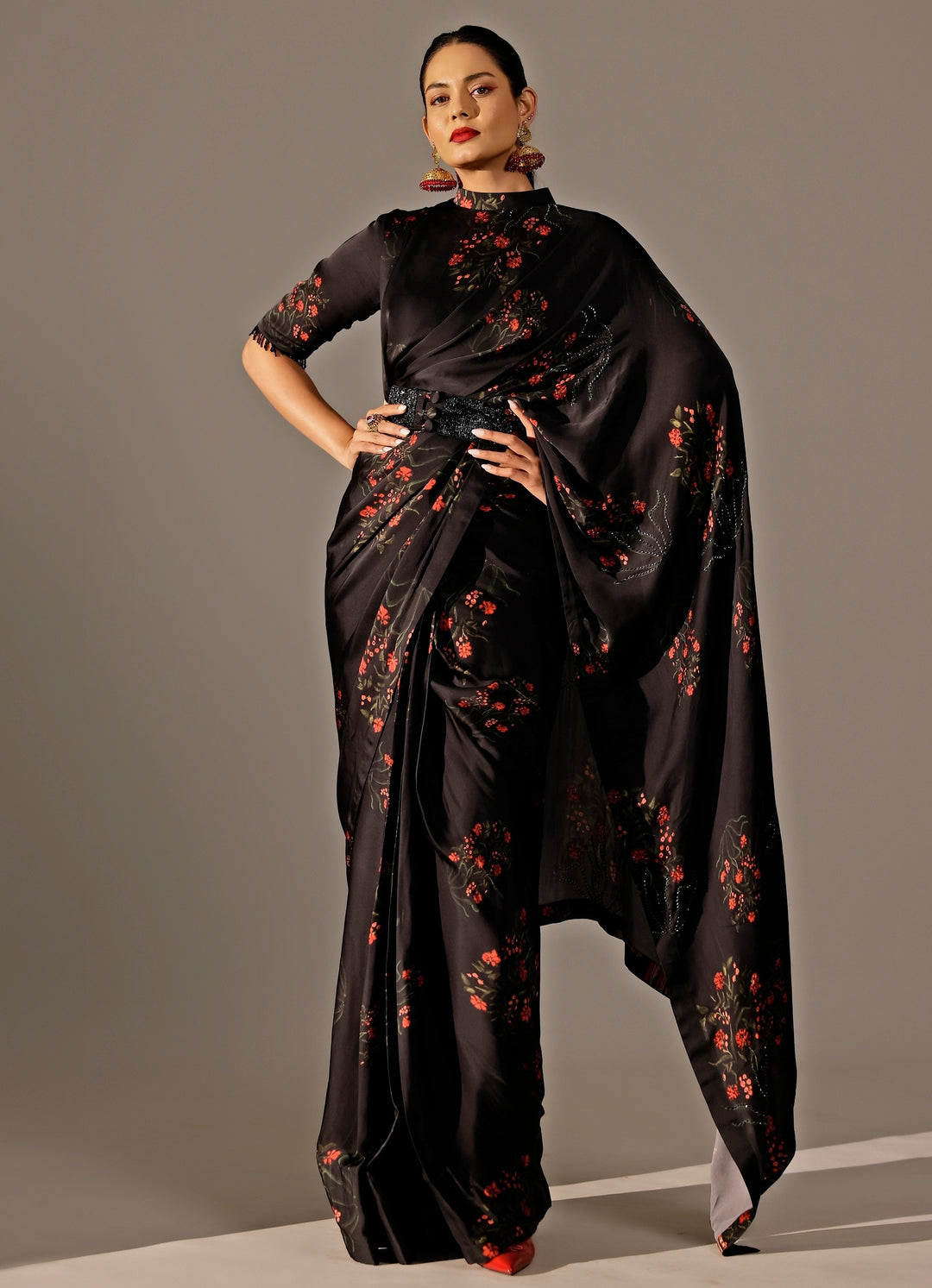 Black Georgette Satin Pre-Draped Saree