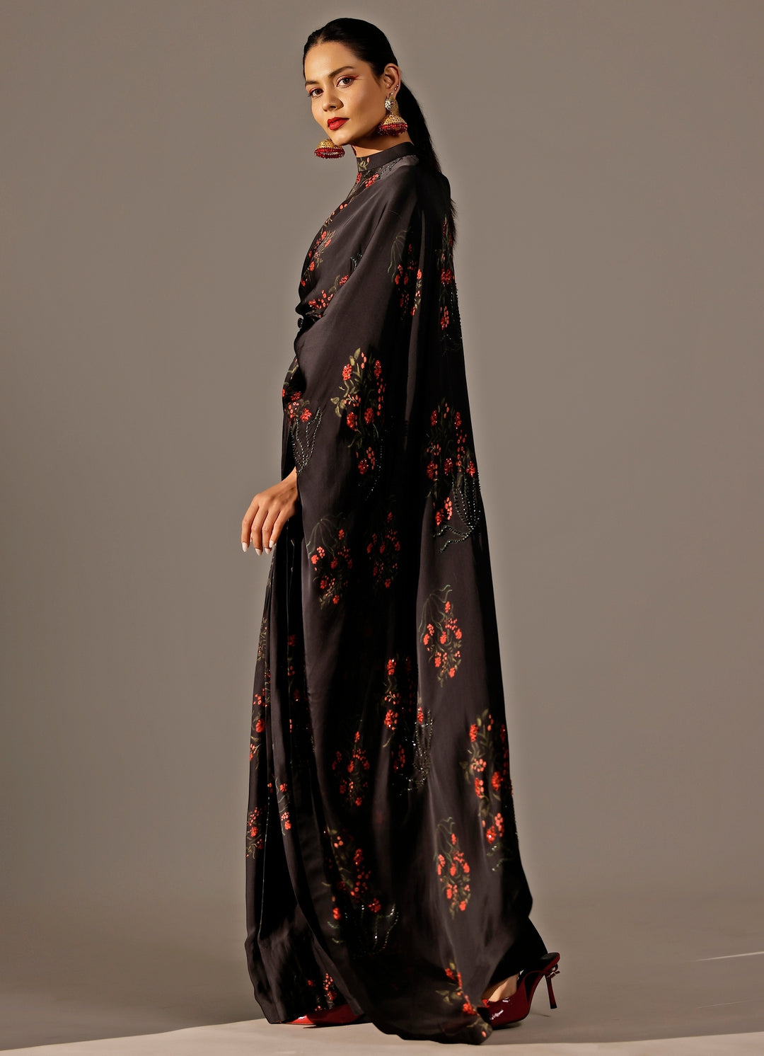 Black Georgette Satin Pre-Draped Saree
