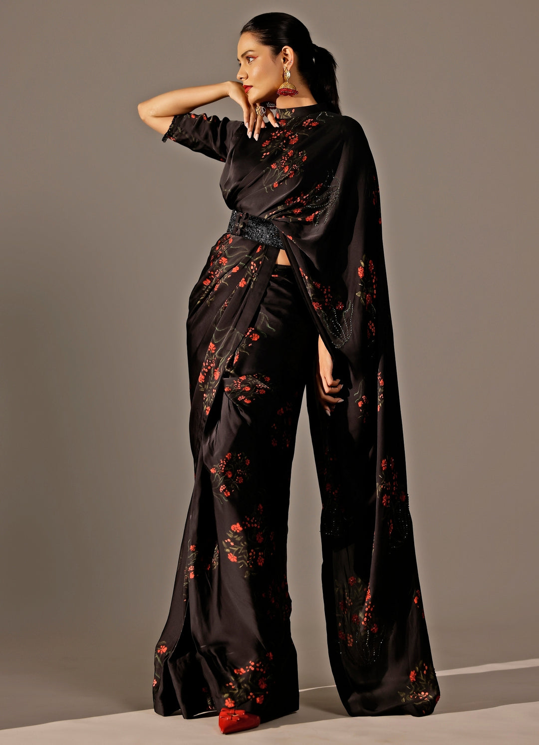Black Georgette Satin Pre-Draped Saree