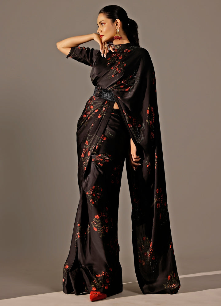Black Georgette Satin Pre-Draped Saree