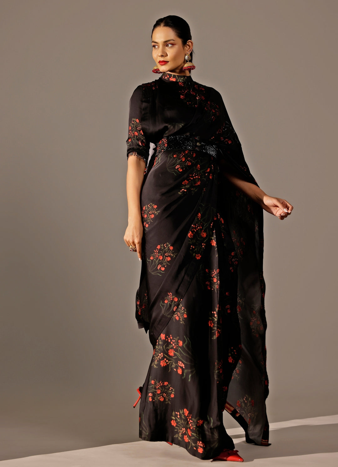 Black Georgette Satin Pre-Draped Saree