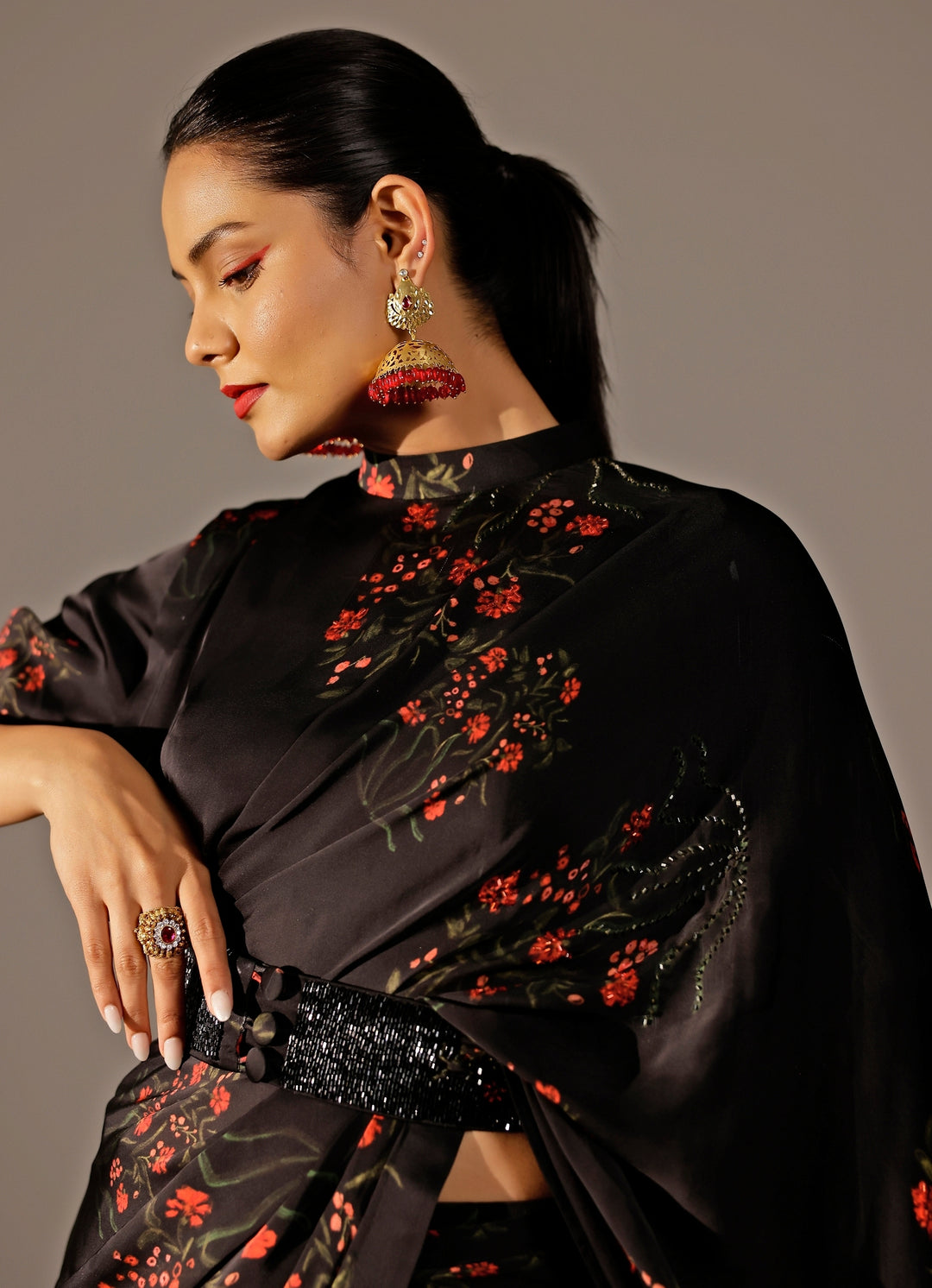 Black Georgette Satin Pre-Draped Saree