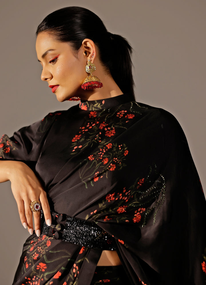 Black Georgette Satin Pre-Draped Saree