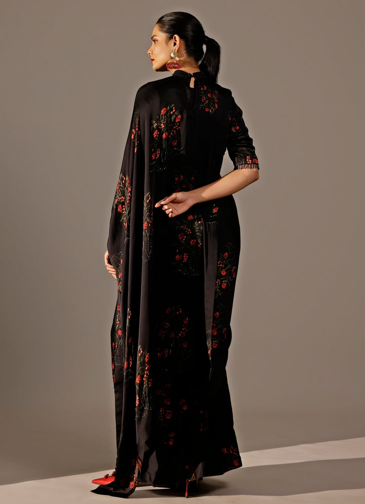 Black Georgette Satin Pre-Draped Saree