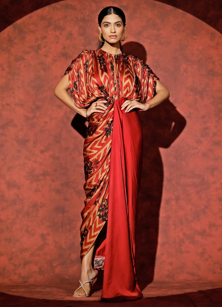 Red Georgette Satin Kaftan Gown