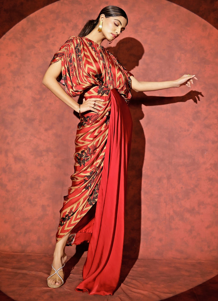 Red Georgette Satin Kaftan Gown