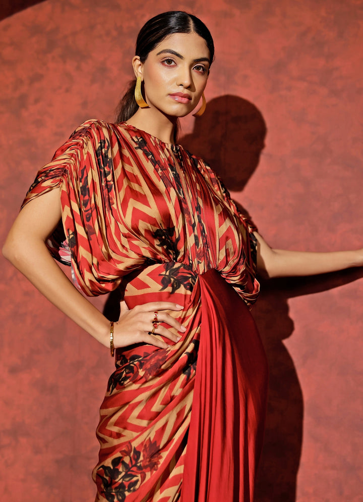 Red Georgette Satin Kaftan Gown