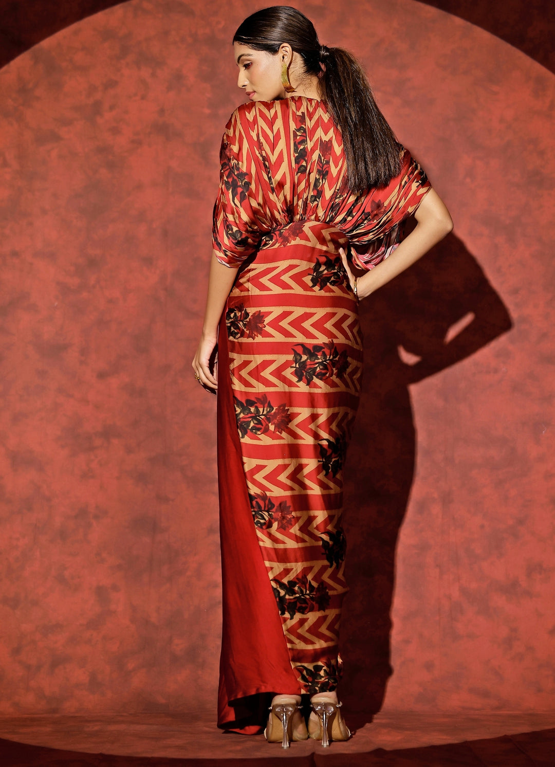 Red Georgette Satin Kaftan Gown