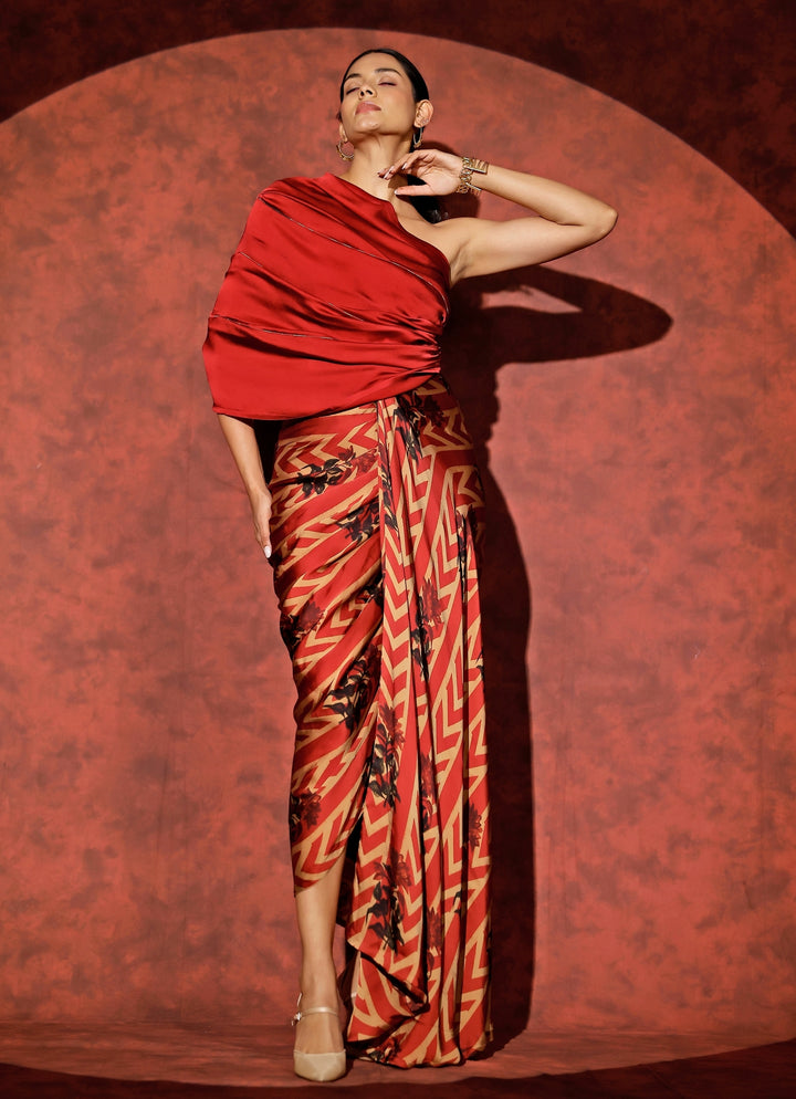 Red Georgette Satin One-Shoulder Gown