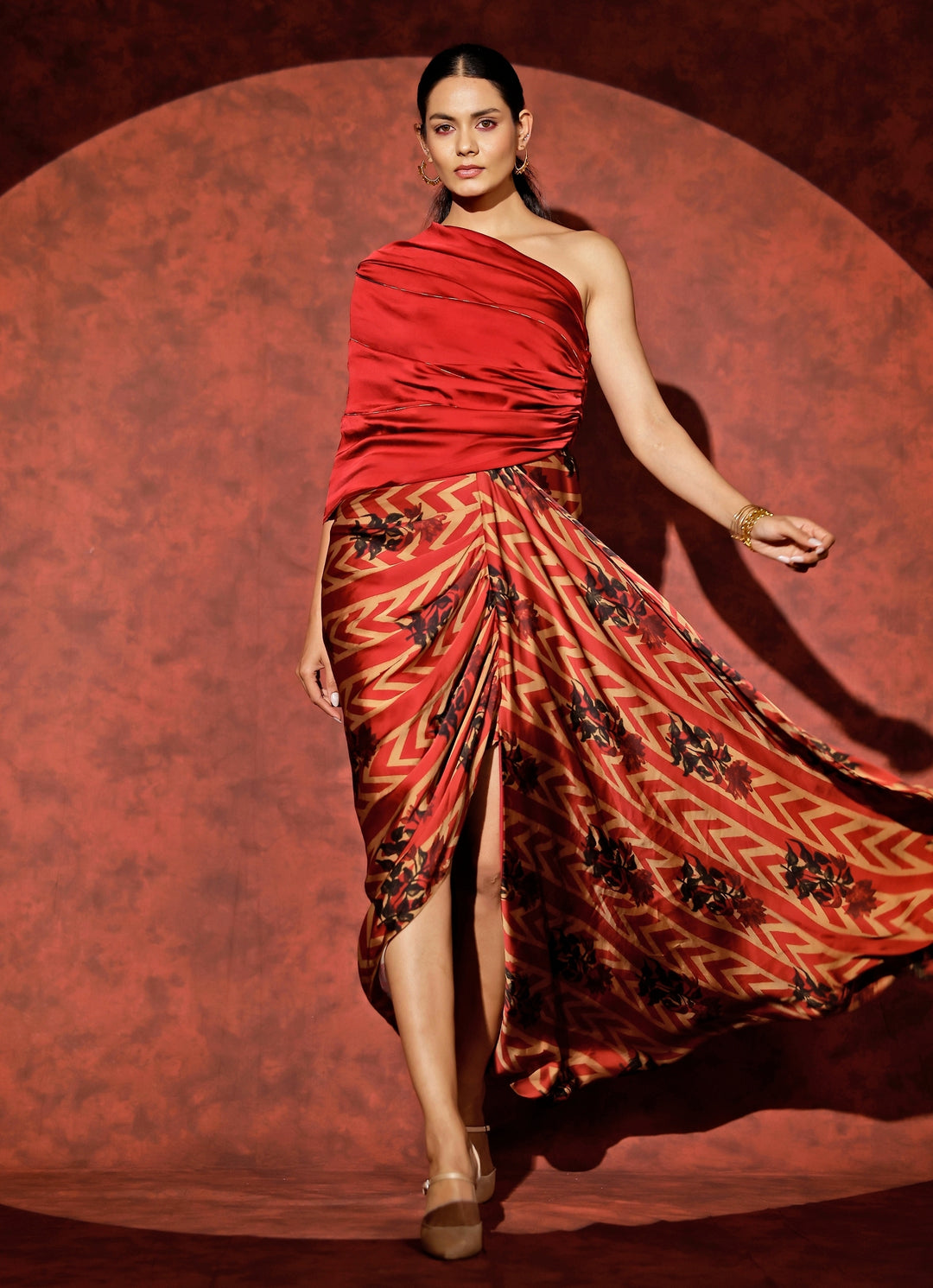 Red Georgette Satin One-Shoulder Gown