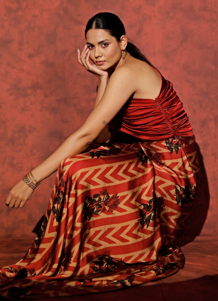 Red Georgette Satin One-Shoulder Gown