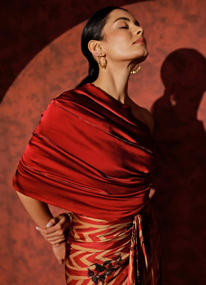 Red Georgette Satin One-Shoulder Gown
