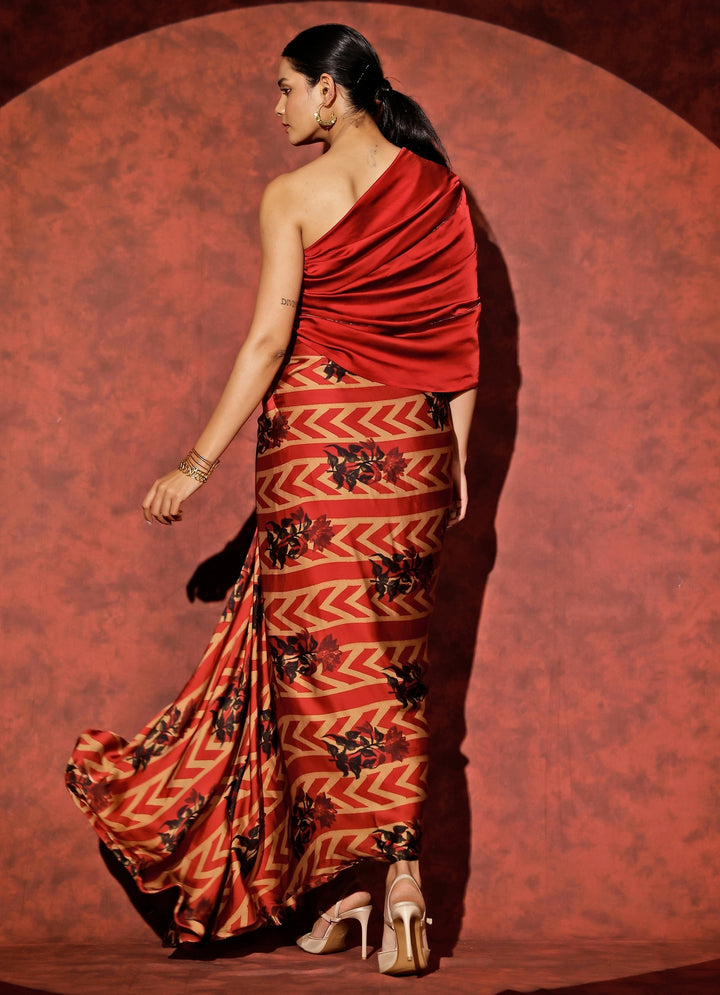 Red Georgette Satin One-Shoulder Gown