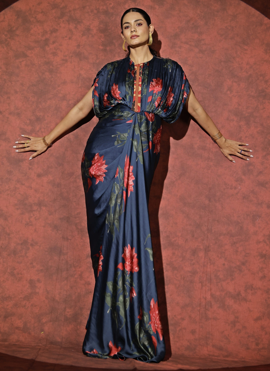 Midnight Blue Georgette Satin Kaftan Gown