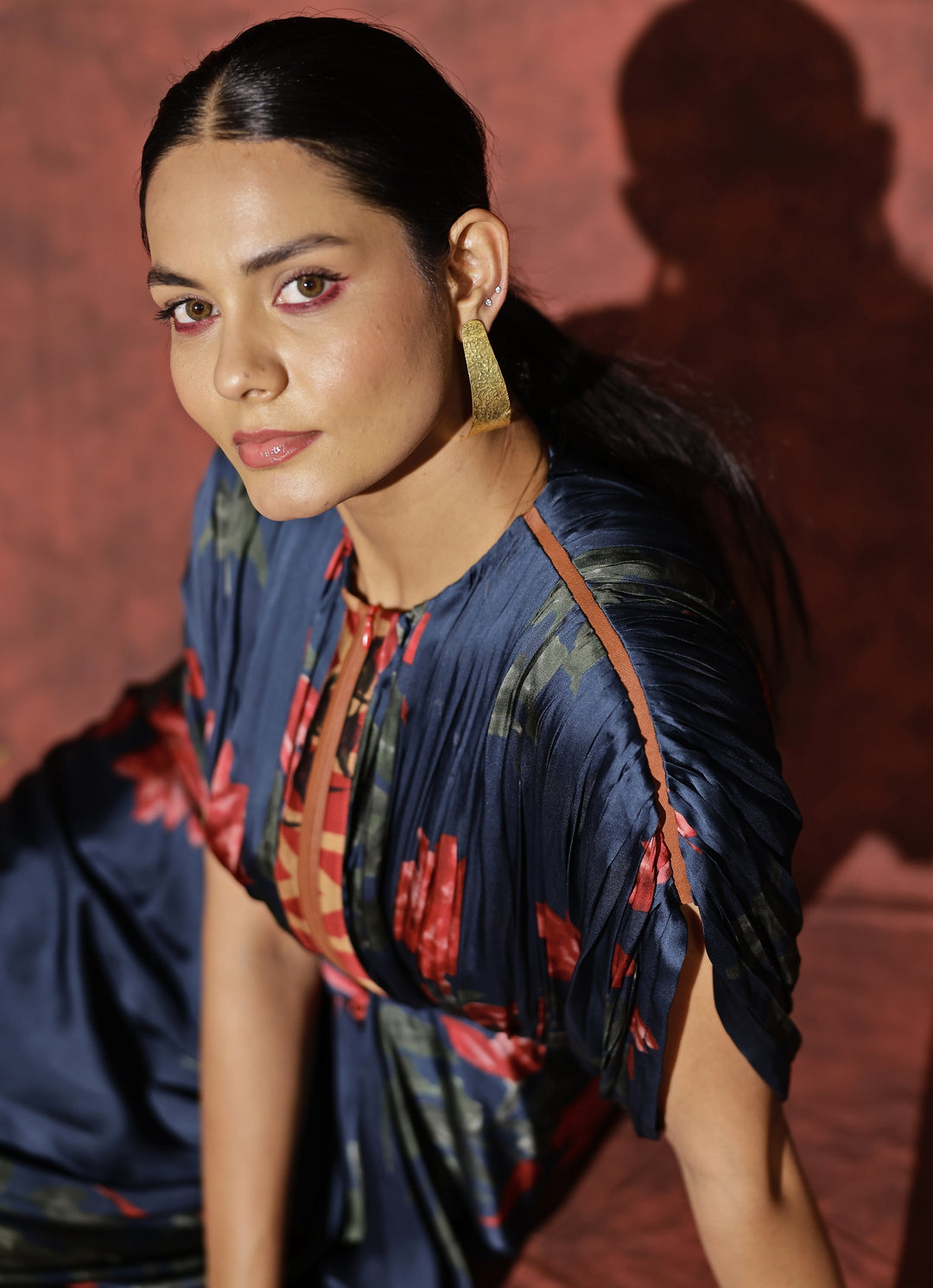 Midnight Blue Georgette Satin Kaftan Gown