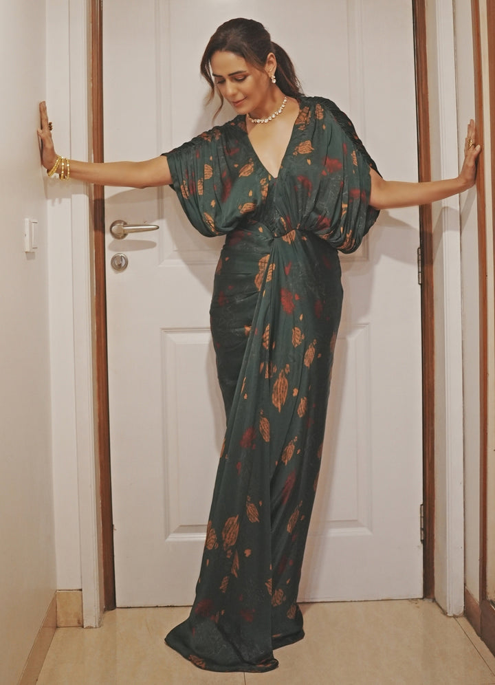 Emerald Green Georgette Satin Kaftan Gown