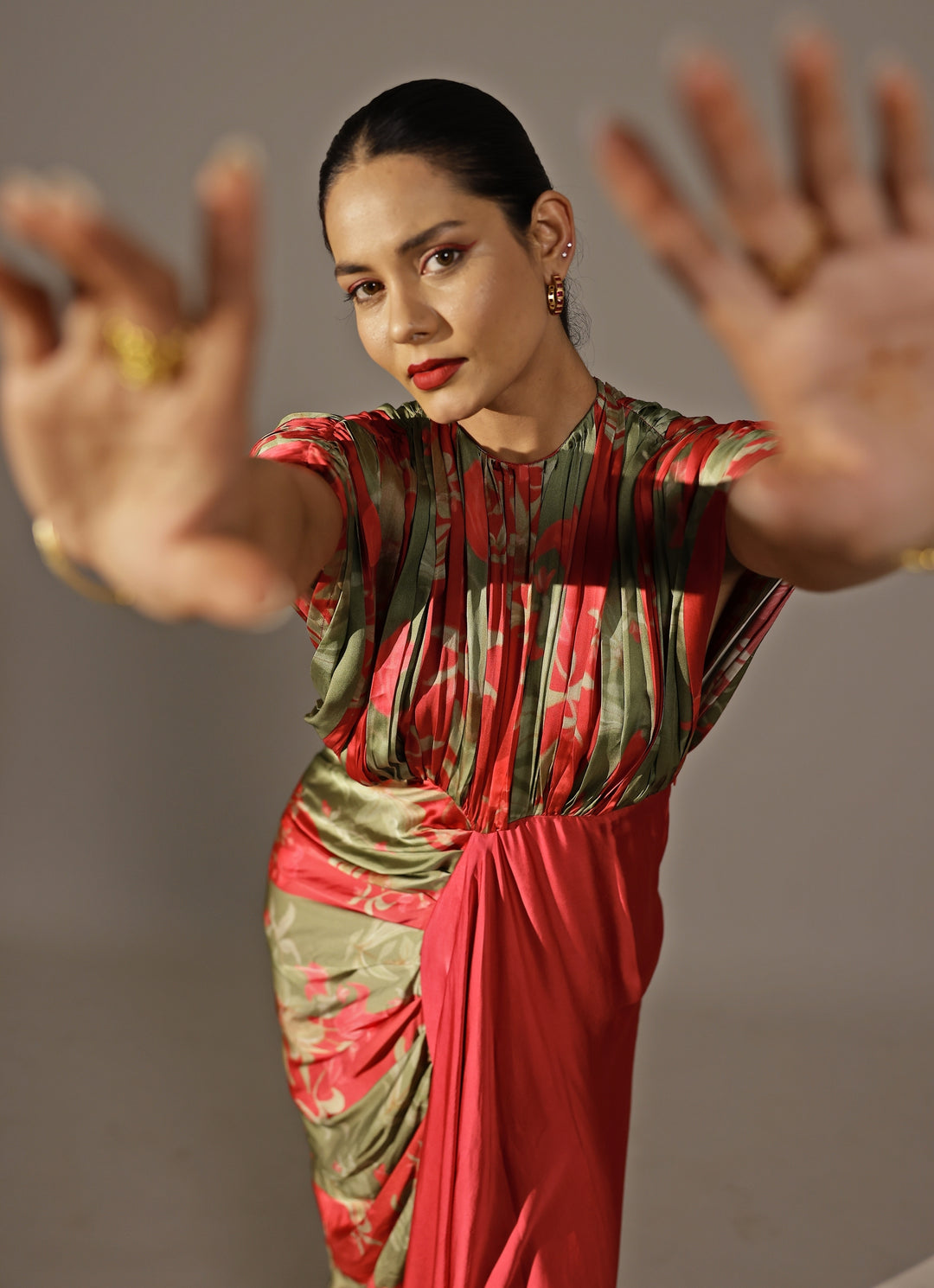 Red Georgette Satin Kaftan Gown