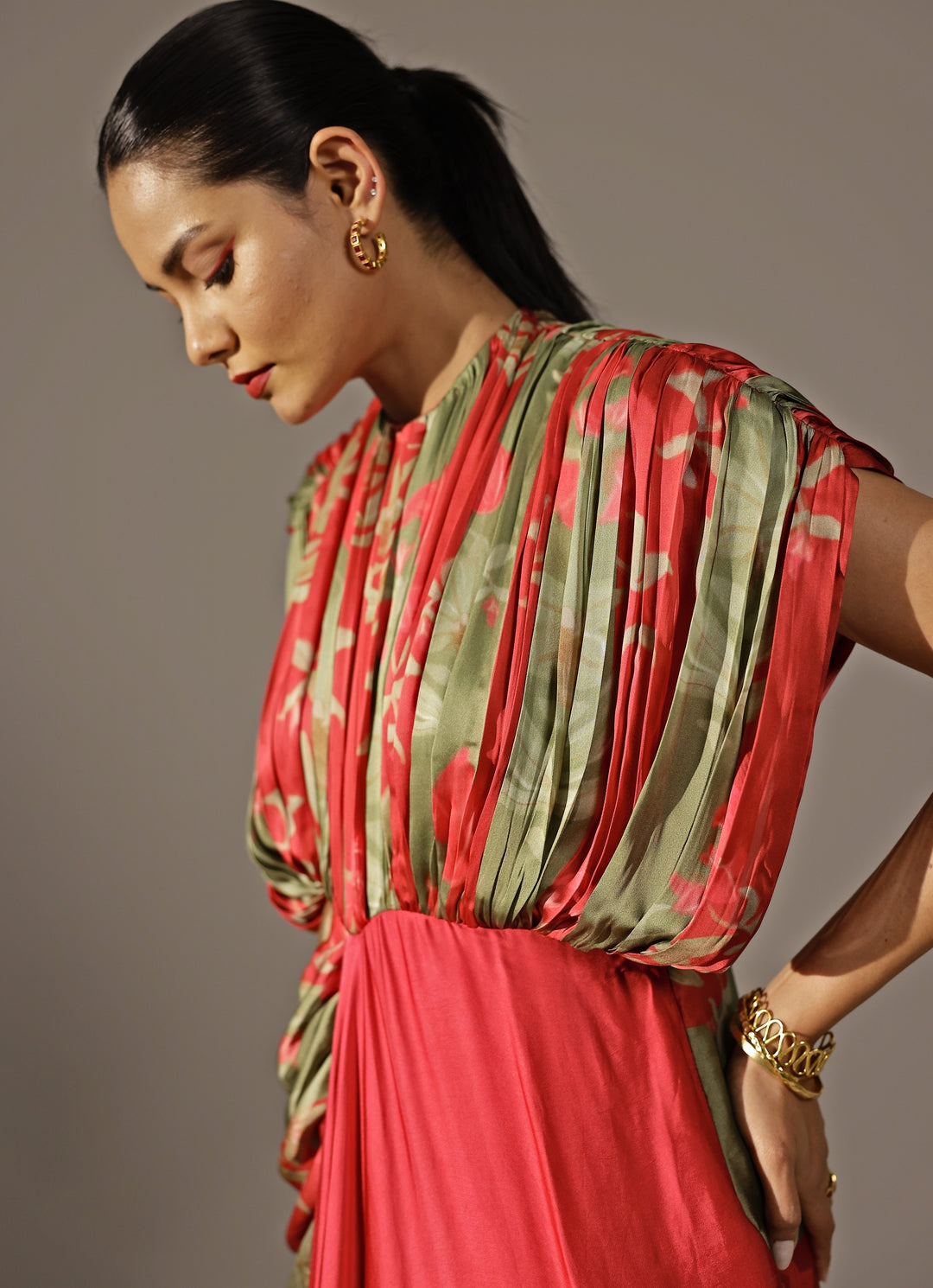 Red Georgette Satin Kaftan Gown