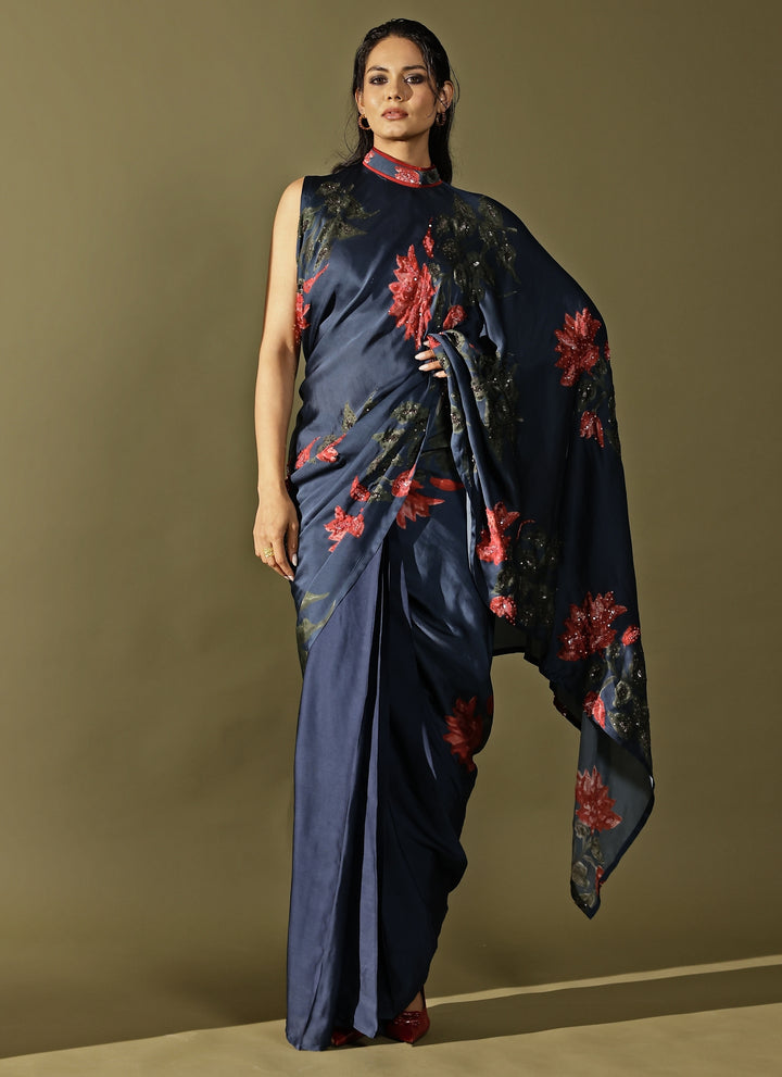 Midnight Blue Georgette Satin Pre-Draped Saree