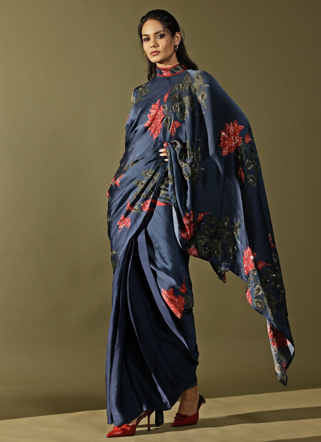 Midnight Blue Georgette Satin Pre-Draped Saree