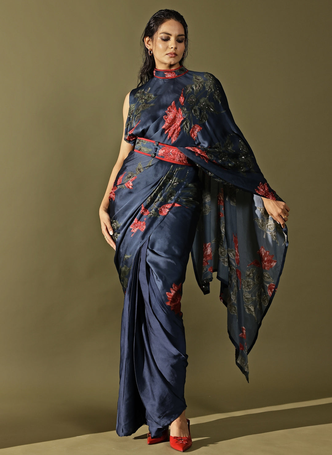 Midnight Blue Georgette Satin Pre-Draped Saree