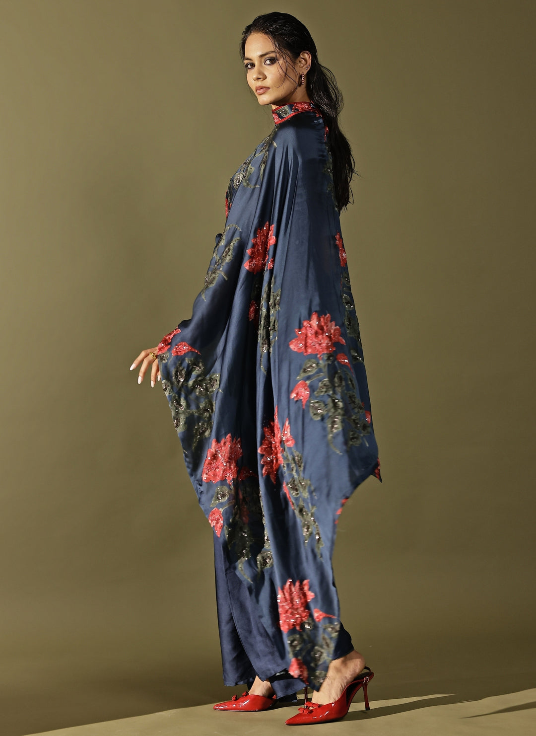 Midnight Blue Georgette Satin Pre-Draped Saree