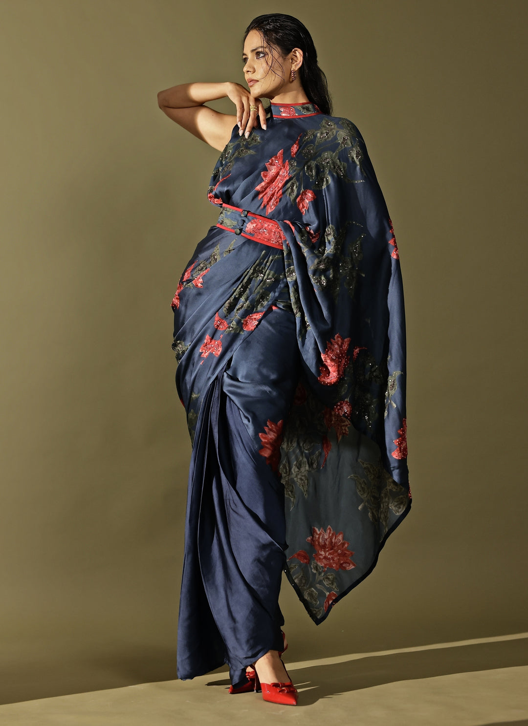 Midnight Blue Georgette Satin Pre-Draped Saree