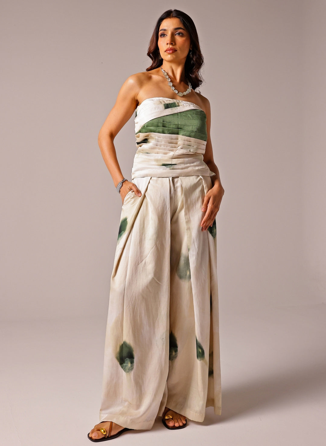 Ivory Satin Drape Corset With Pants Set