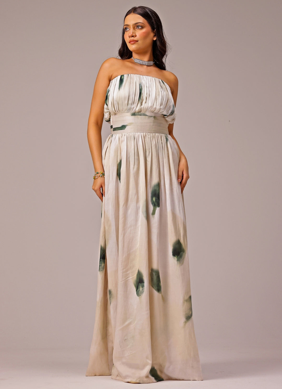 Ivory Printed Satin Maxi Dress