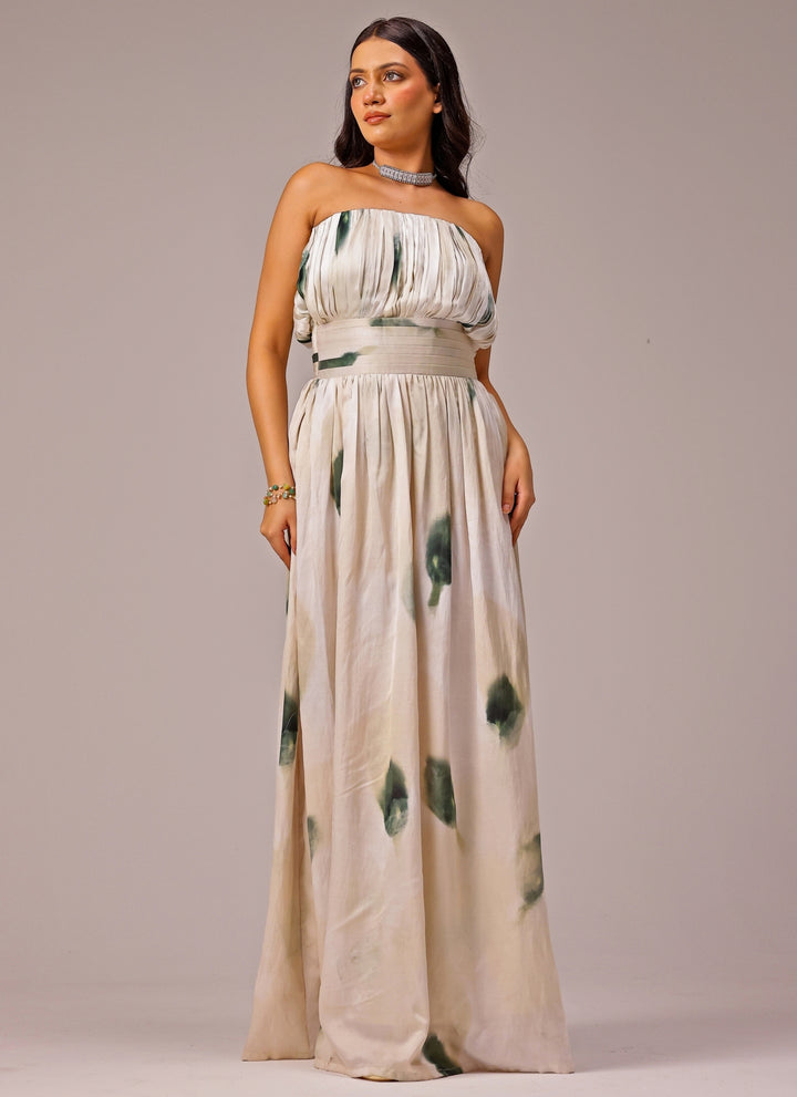 Ivory Printed Satin Maxi Dress