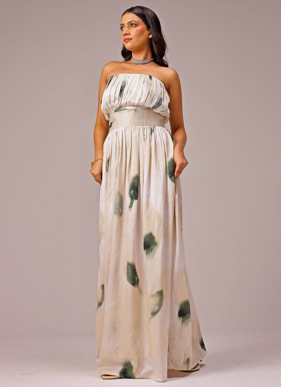 Ivory Printed Satin Maxi Dress