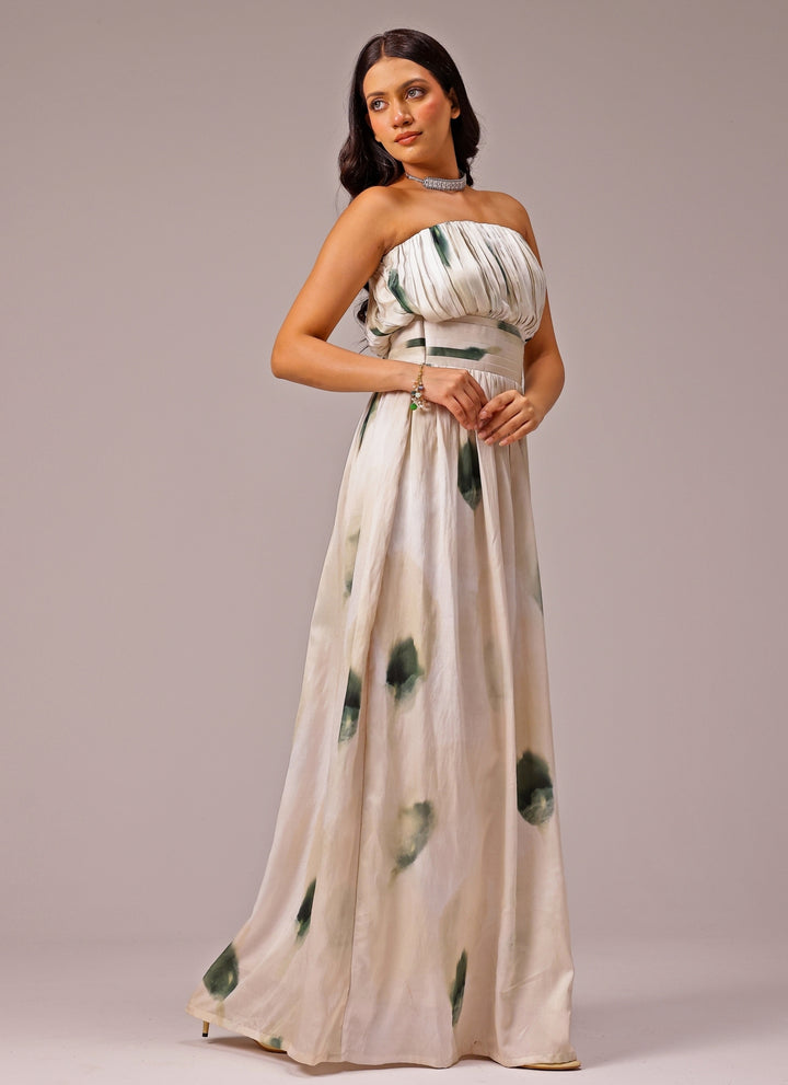 Ivory Printed Satin Maxi Dress