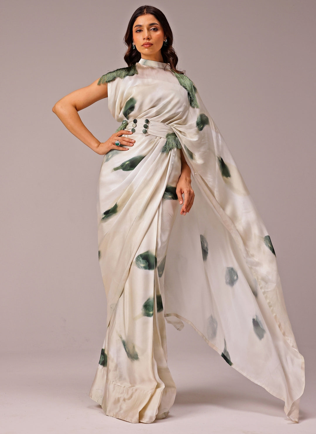 Ivory Printed Georgette Satin Pre-Draped Saree
