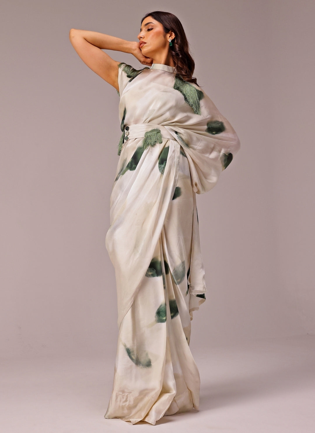 Ivory Printed Georgette Satin Pre-Draped Saree