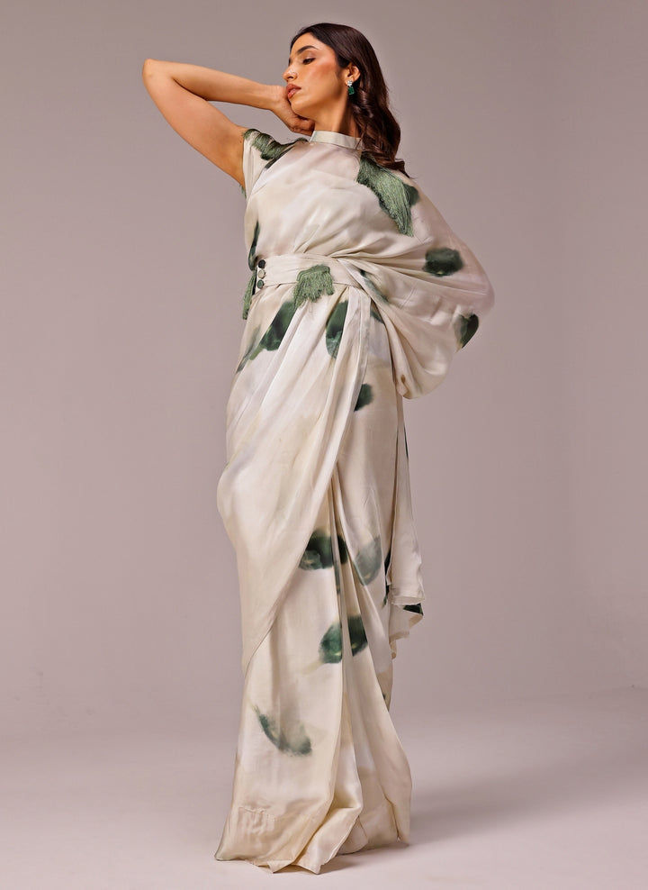 Ivory Printed Georgette Satin Pre-Draped Saree