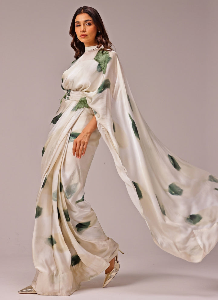 Ivory Printed Georgette Satin Pre-Draped Saree