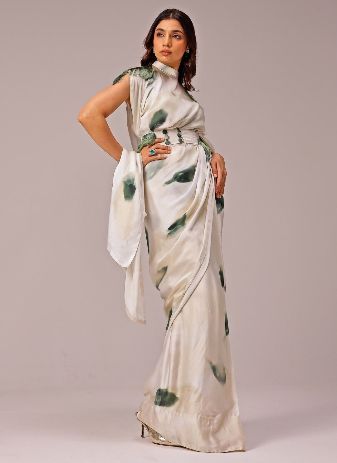 Ivory Printed Georgette Satin Pre-Draped Saree
