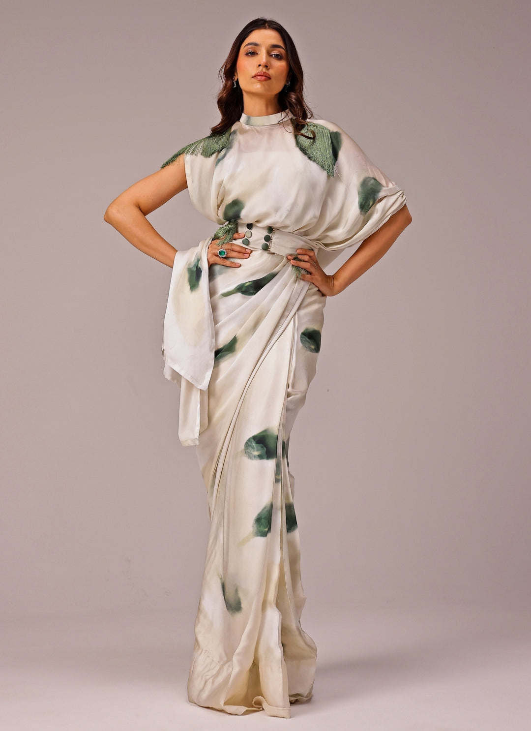 Ivory Printed Georgette Satin Pre-Draped Saree