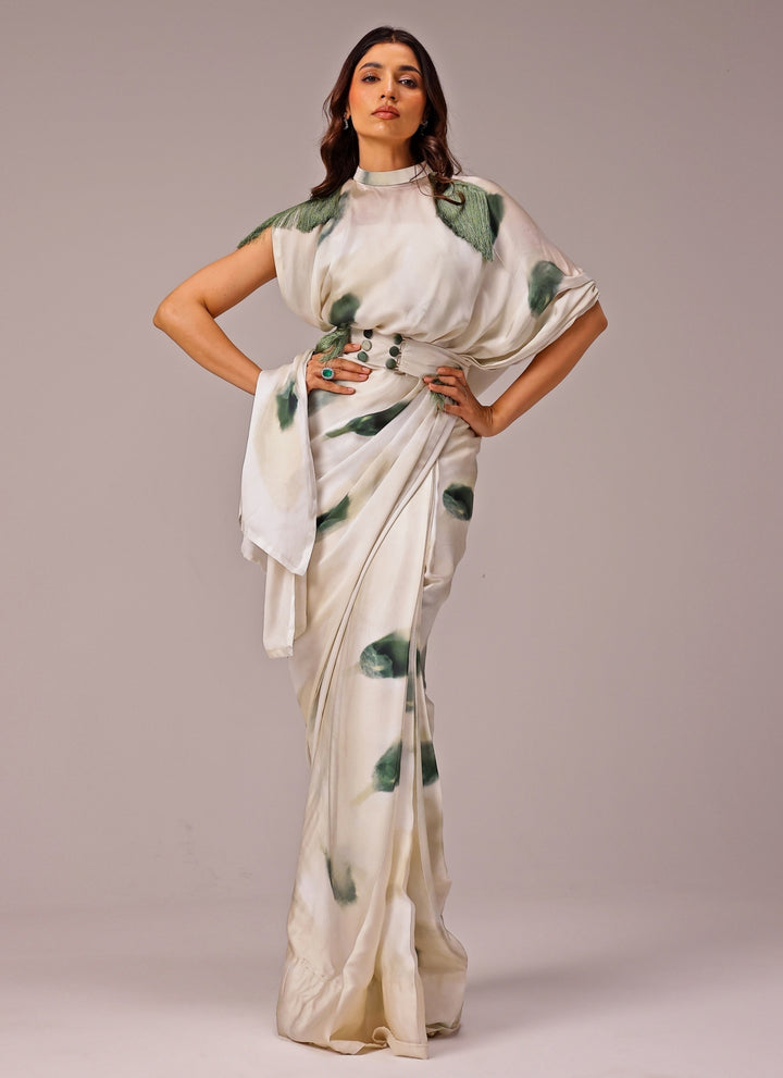 Ivory Printed Georgette Satin Pre-Draped Saree