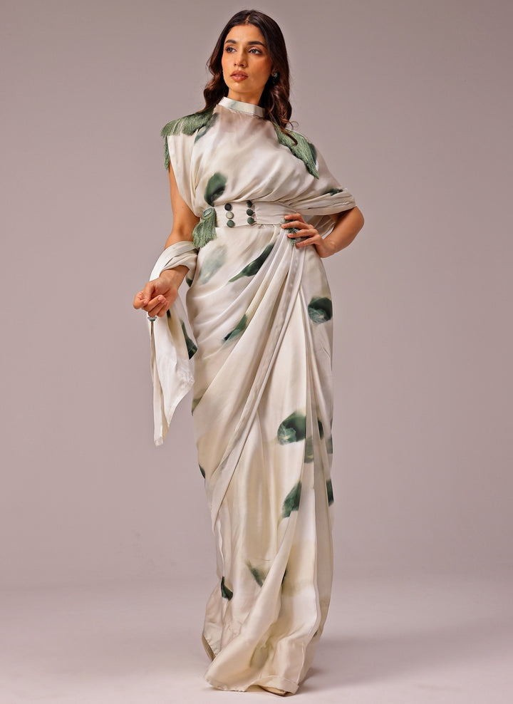 Ivory Printed Georgette Satin Pre-Draped Saree